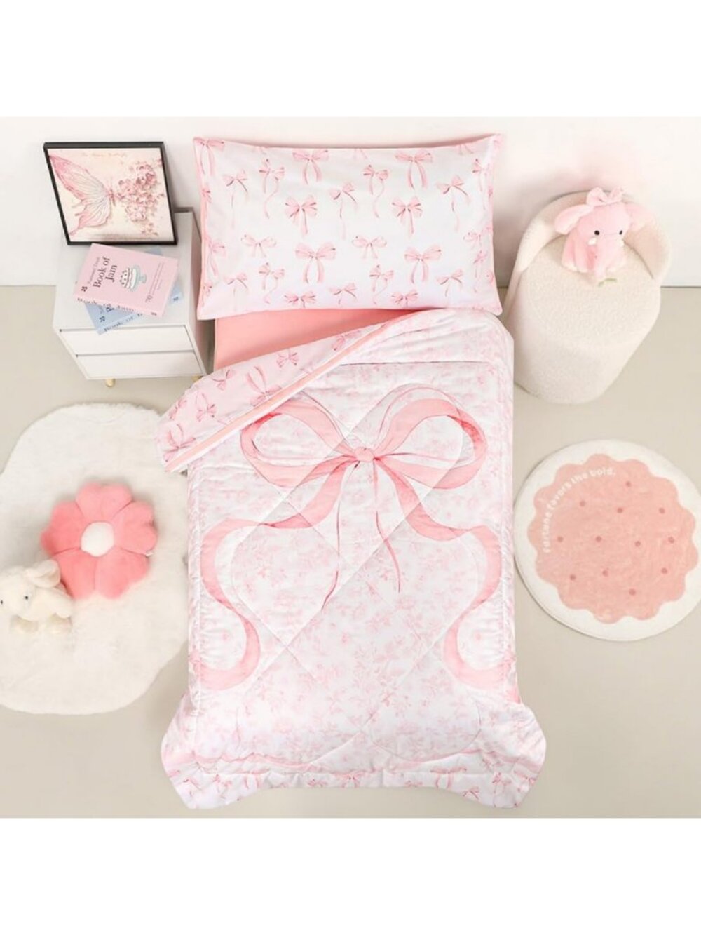 Ultra Soft 4-Piece Toddler Bedding Set, Pink Bow Comforter, Fitted & Flat Sheets